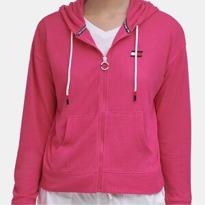 Tommy Hilfiger, pink long sleeve waffle knit lightweight full zip hoodie medium